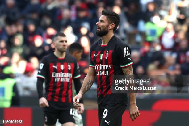 Olivier Giroud of AC Milan looks on during the Serie A match between AC MIlan and US Sassuolo at Stadio Giuseppe Meazza on January 29, 2023 in Milan,...