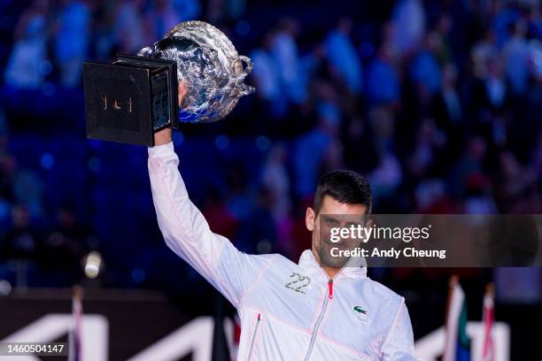 Novak Djokovic of Serbia poses with the Norman Brookes Challenge Cup after winning the Men's Singles Final match against Stefanos Tsitsipas of Greece...