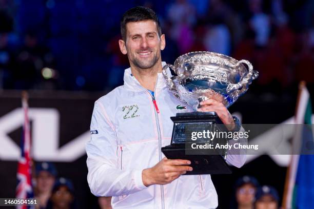 Novak Djokovic of Serbia poses with the Norman Brookes Challenge Cup after winning the Men's Singles Final match against Stefanos Tsitsipas of Greece...