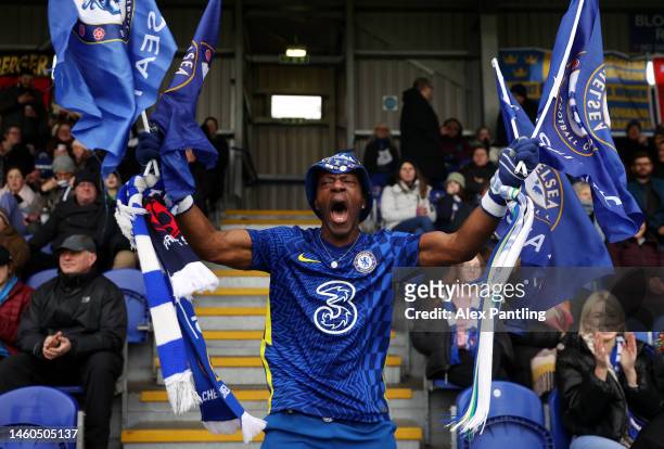 Fan of Chelsea shows their support prior to the Vitality Women's FA Cup Fourth Round match between Chelsea and Liverpool at Kingsmeadow on January...