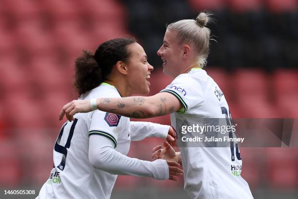 Drew Spence of Tottenham Hotspur celebrates with Bethany England after scoring the team's third goal during the Vitality Women's FA Cup Fourth Round...