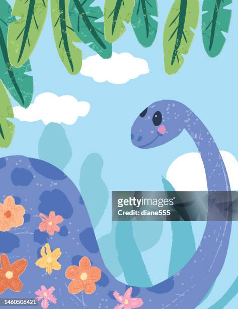 stockillustraties, clipart, cartoons en iconen met cute dinosaur in a frame of plants - prehistorie