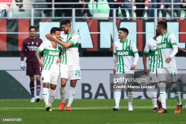 Matheus Henrique of US Sassuolo celebrates after scoring the team's fifth goal during the Serie A match between AC MIlan and US Sassuolo at Stadio...