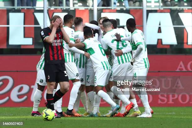 Matheus Henrique of US Sassuolo celebrates with teammates after scoring the team's fifth goal during the Serie A match between AC MIlan and US...