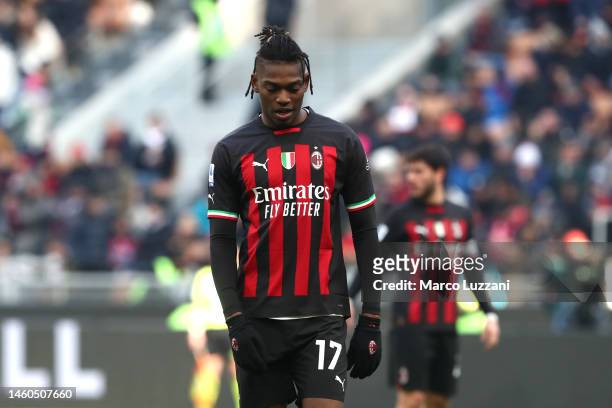 Rafael Leao of AC Milan reacts during the Serie A match between AC MIlan and US Sassuolo at Stadio Giuseppe Meazza on January 29, 2023 in Milan,...