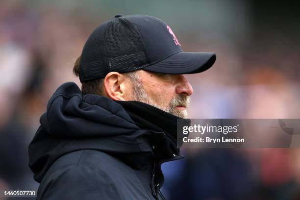 Juergen Klopp, Manager of Liverpool, looks on prior to the Emirates FA Cup Fourth Round match between Brighton & Hove Albion and Liverpool FC at Amex...