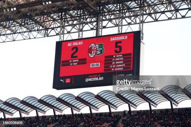 The LED board shows the final score line of 2-5 after the Serie A match between AC MIlan and US Sassuolo at Stadio Giuseppe Meazza on January 29,...