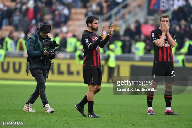 Davide Calabria of AC Milan reacts at the end of the Serie A match between AC MIlan and US Sassuolo at Stadio Giuseppe Meazza on January 29, 2023 in...