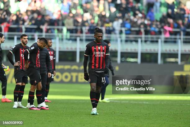 Rafael Leao of AC Milan reacts at the end of the Serie A match between AC MIlan and US Sassuolo at Stadio Giuseppe Meazza on January 29, 2023 in...