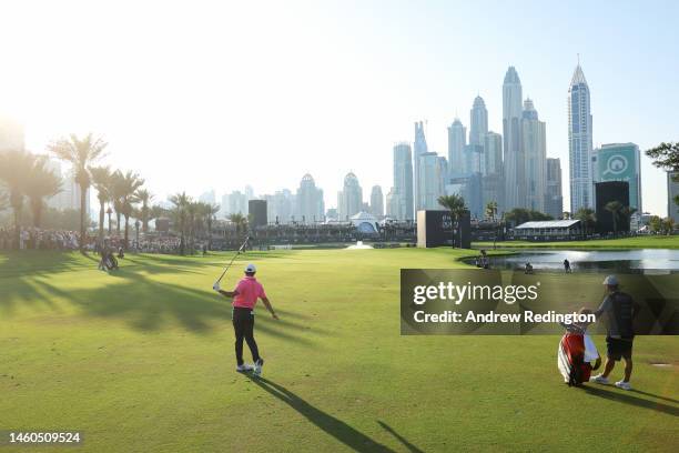 Rory McIlroy of Northern Ireland plays their second shot on the 18th hole during the Third Round on Day Four of the Hero Dubai Desert Classic at...