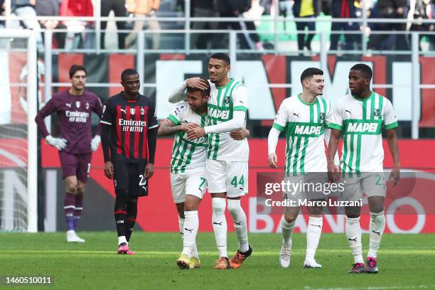 Matheus Henrique of US Sassuolo celebrates after scoring the team's fifth goal during the Serie A match between AC MIlan and US Sassuolo at Stadio...