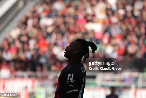Rafael Leão of AC Milan looks on during the Serie A match between AC MIlan and US Sassuolo at Stadio Giuseppe Meazza on January 29, 2023 in Milan,...