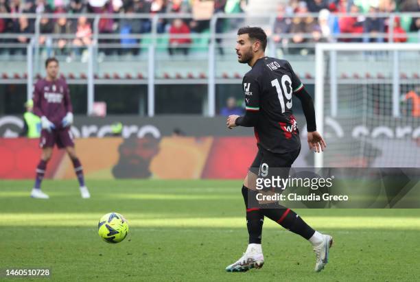 Théo Hernández of AC Milan looks on during the Serie A match between AC MIlan and US Sassuolo at Stadio Giuseppe Meazza on January 29, 2023 in Milan,...