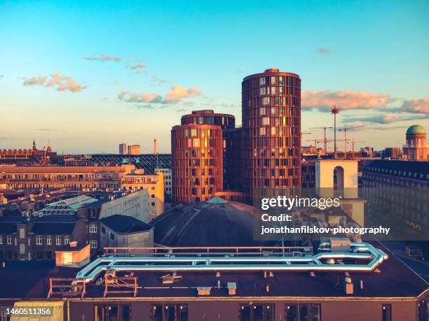 copenhagen cityscape: axel towers - copenhagen skyline stock pictures, royalty-free photos & images