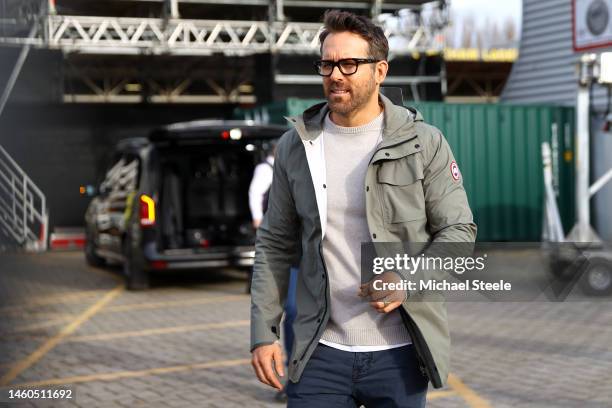 Ryan Reynolds, owner of Wrexham arrives at the stadium prior to the Emirates FA Cup Fourth Round match between Wrexham and Sheffield United at...