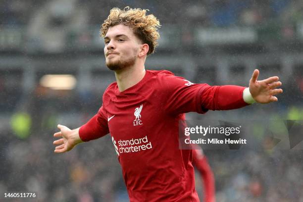 Harvey Elliott of Liverpool celebrates after scoring the team's first goal during the Emirates FA Cup Fourth Round match between Brighton & Hove...