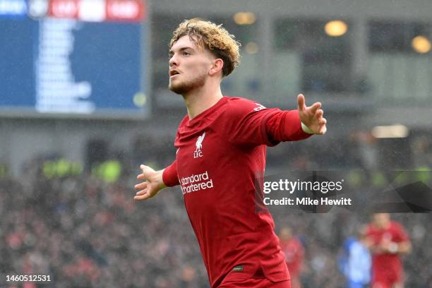 Harvey Elliott of Liverpool celebrates after scoring the team's first goal during the Emirates FA Cup Fourth Round match between Brighton & Hove...