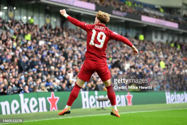 Harvey Elliott of Liverpool celebrates after scoring the team's first goal during the Emirates FA Cup Fourth Round match between Brighton & Hove...