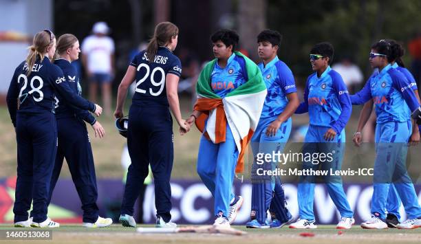 Shafali Verma of India and Grace Scrivens of England shake hands following the ICC Women's U19 T20 World Cup 2023 Final match between India and...