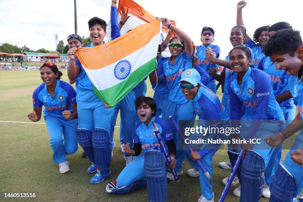 Players of India celebrates after winning the ICC Women's U19 T20 World Cup following the ICC Women's U19 T20 World Cup 2023 Final match between...