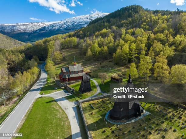 aerial view of borgund stave church and surrounding countryside - summit view cemetery stock pictures, royalty-free photos & images