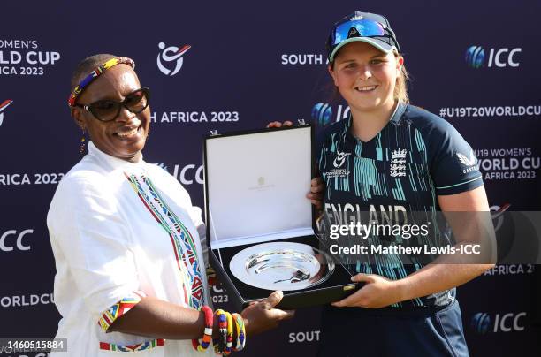 Grace Scrivens of England poses after being named Player of the Tournament following the ICC Women's U19 T20 World Cup 2023 Final match between India...