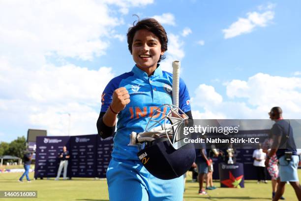 Hrishita Basu of India celebrates after winning the ICC Women's U19 T20 World Cup following the ICC Women's U19 T20 World Cup 2023 Final match...