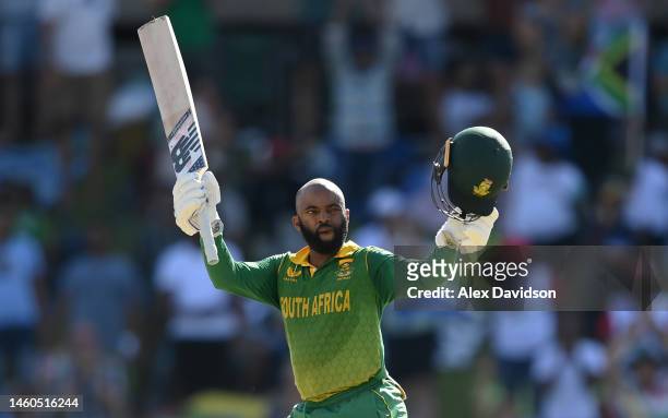 South Africa captain Temba Bavuma celebrates reaching his century during the 2nd One Day International between South Africa and England at Mangaung...