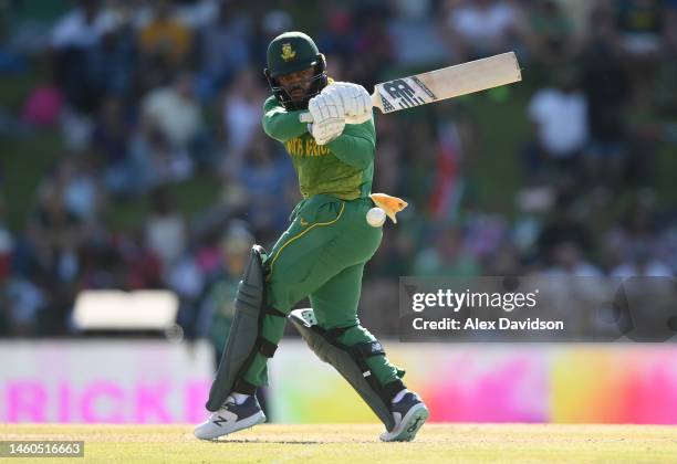 South Africa captain Temba Bavuma bats during the 2nd One Day International between South Africa and England at Mangaung Oval on January 29, 2023 in...