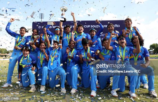 Shafali Verma of India lifts the ICC Women's U19 T20 World Cup Trophy following the ICC Women's U19 T20 World Cup 2023 Final match between India and...