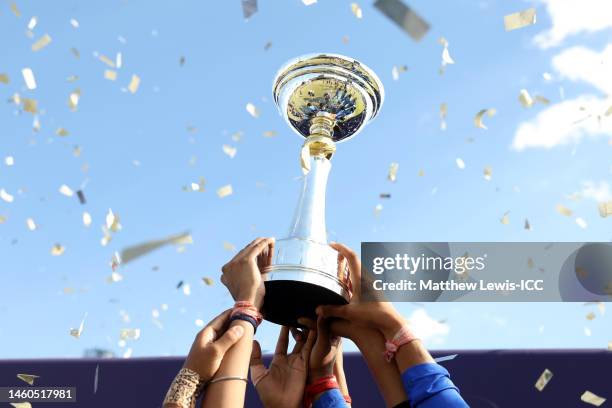 Players of India lift the ICC Women's U19 T20 World Cup Trophy following the ICC Women's U19 T20 World Cup 2023 Final match between India and England...