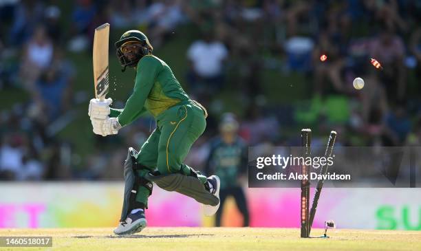 South Africa captain Temba Bavuma is bowled by Sam Curran of England during the 2nd One Day International between South Africa and England at...