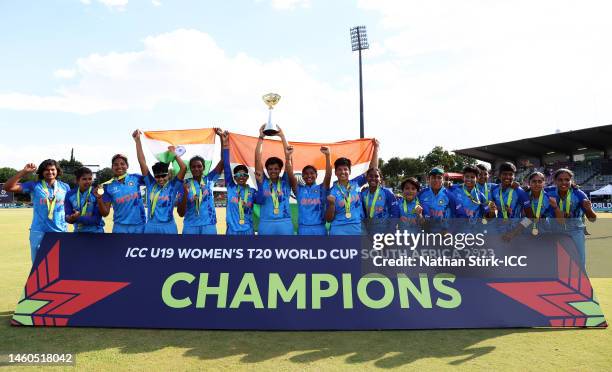 Shafali Verma of India lifts the ICC Women's U19 T20 World Cup Trophy following the ICC Women's U19 T20 World Cup 2023 Final match between India and...