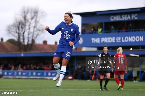 Sam Kerr of Chelsea celebrates after scoring the team's third goal and their hat-trick during the Vitality Women's FA Cup Fourth Round match between...