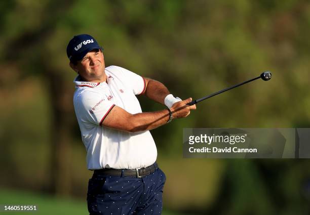 Patrick Reed of The United States plays his second shot on the 18th hole during the delayed third round on Day Four of the Hero Dubai Desert Classic...