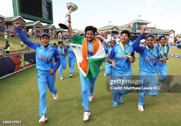 Shafali Verma of India poses with the ICC Women's U19 T20 World Cup Trophy following the ICC Women's U19 T20 World Cup 2023 Final match between India...