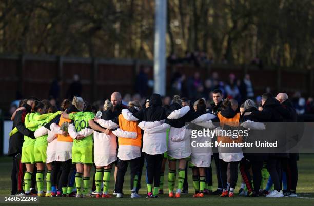 Players of Manchester United gather following the Vitality Women's FA Cup Fourth Round match between Sunderland and Manchester United at Eppleton...