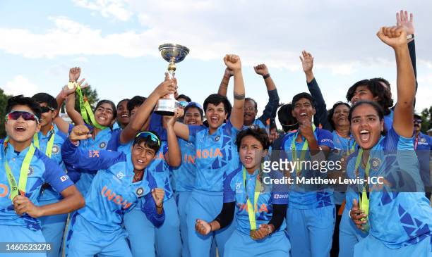 Shafali Verma of India lifts the ICC Women's U19 T20 World Cup Trophy following the ICC Women's U19 T20 World Cup 2023 Final match between India and...