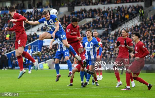 Evan Ferguson of Brighton & Hove Albion heads the ball during the Emirates FA Cup Fourth Round match between Brighton & Hove Albion and Liverpool FC...