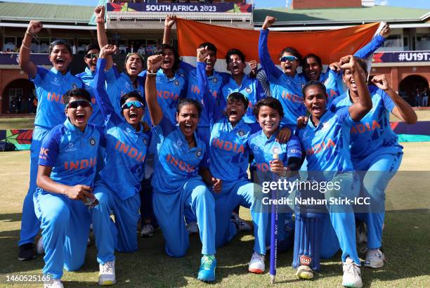 Players of India celebrates after winning the ICC Women's U19 T20 World Cup following the ICC Women's U19 T20 World Cup 2023 Final match between...