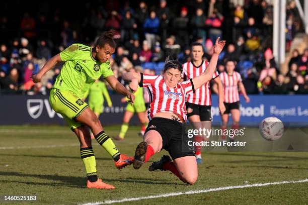 Nikita Parris of Manchester United scores the team's second goal during the Vitality Women's FA Cup Four Round match between Sunderland and...