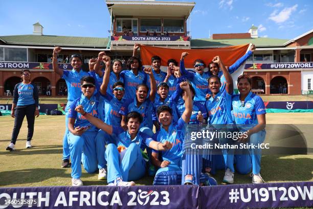 Players of India celebrates after winning the ICC Women's U19 T20 World Cup following the ICC Women's U19 T20 World Cup 2023 Final match between...