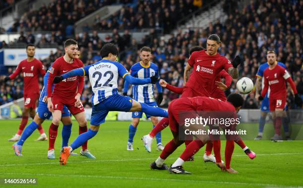 Kaoru Mitoma of Brighton & Hove Albion scores the team's second goal during the Emirates FA Cup Fourth Round match between Brighton & Hove Albion and...