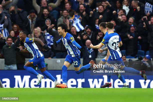 Kaoru Mitoma of Brighton & Hove Albion celebrates after scoring the team's second goal during the Emirates FA Cup Fourth Round match between Brighton...