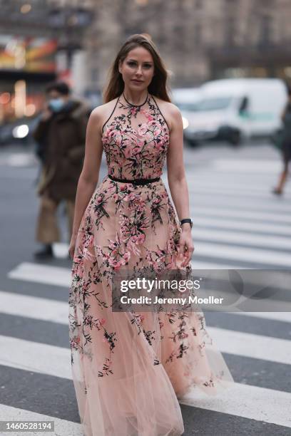 Ginta seen wearing Dress Zuhair Murad, black clutch Bottega Veneta, watch Jacob & Co during the Paris Fashion Week on January 25, 2023 in Paris,...