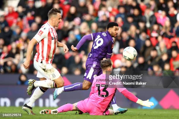 Jamie Reid of Stevenage scores the team's first goal past Jack Bonham of Stoke City during the Emirates FA Cup Fourth Round between Stoke City and...