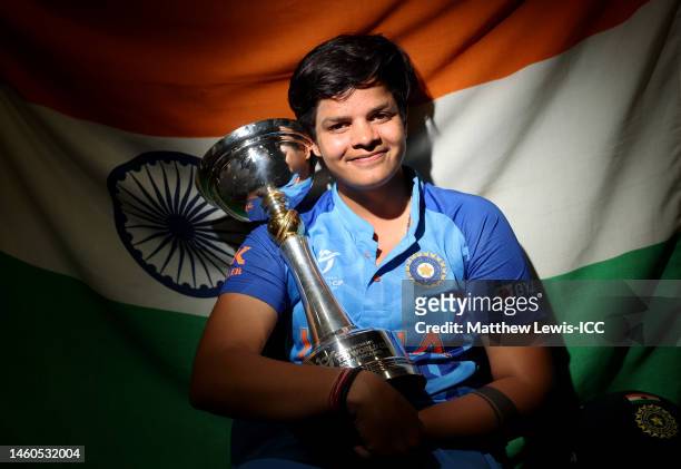 Shafali Verma of India poses with the ICC Women's U19 T20 World Cup Trophy following the ICC Women's U19 T20 World Cup 2023 Final match between India...