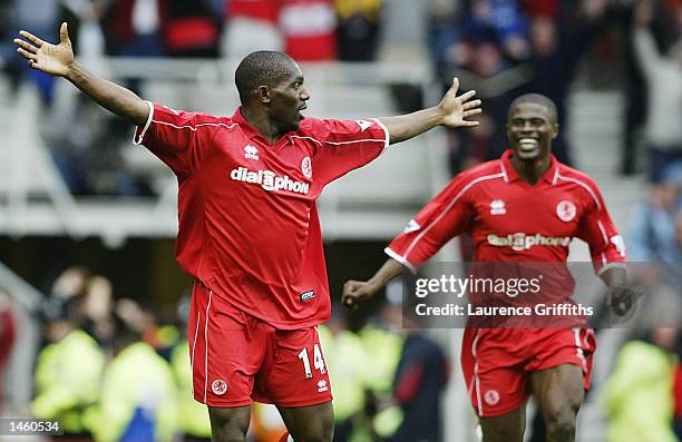 Geremi of Middlesbrough celebrates his goal during the FA Barclaycard Premiership game between Middlesbrough and Bolton Wanderers on October 5, 2002...