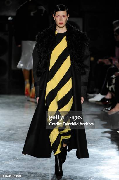 Model on the runway at the Jonathan Saunders fall 2014 show at Institute of Contemporary Arts.