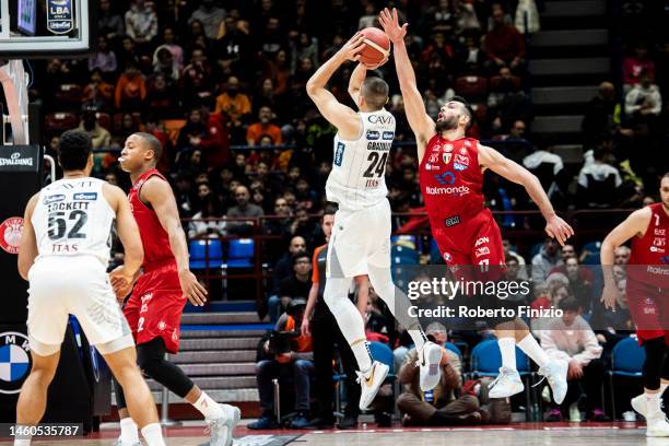 Andrejs Grazulis of Dolomiti Energia Trentino and Giampaolo Ricci of EA7 Emporio Armani Milan in action during the LBA Lega Basket A Regular Season...